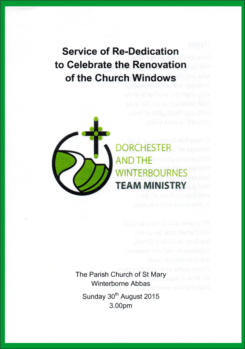 Front of programme for the event: a re-dedication of the windows at Winterborne Abbas Church