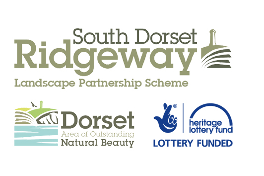 Logos for the South Dorset Ridgeway Landscape Partnership scheme, the Dorset Area of Outstanding Natural Beauty and the Heritage Lottery Fund