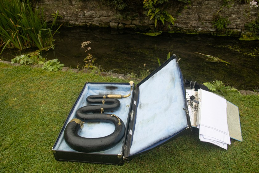 Unusual sinuous musical instrument in a case.